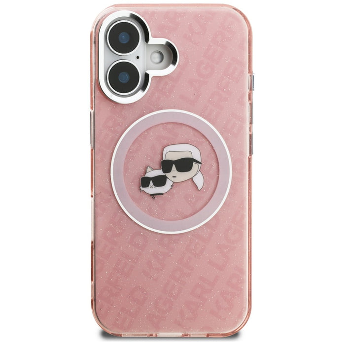 Karl Lagerfeld IML Glitter Karl &amp; Choupette Heads Logo MagSafe iPhone 16 Case - Pink