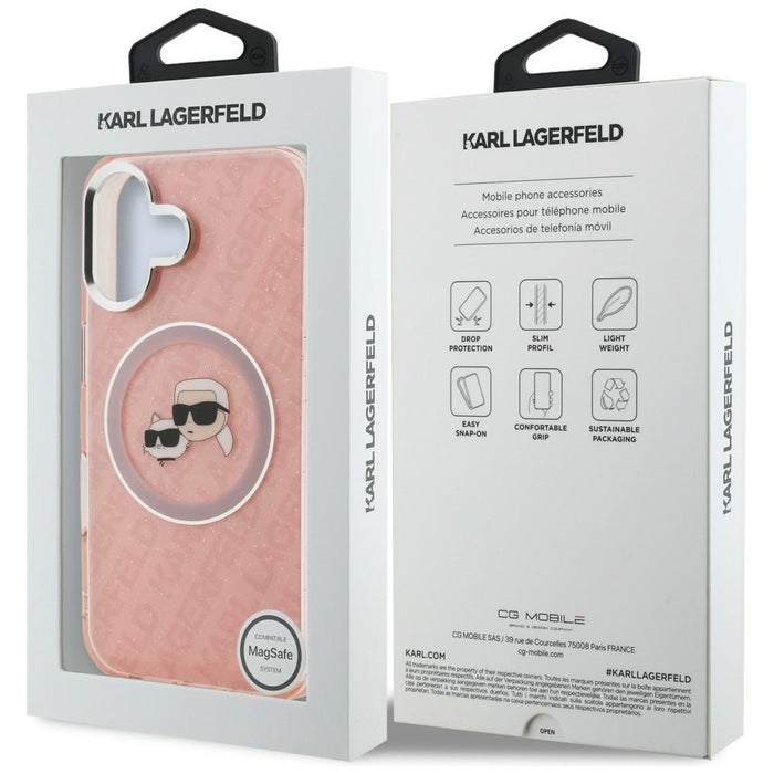 Karl Lagerfeld IML Glitter Karl &amp; Choupette Heads Logo MagSafe iPhone 16 Case - Pink