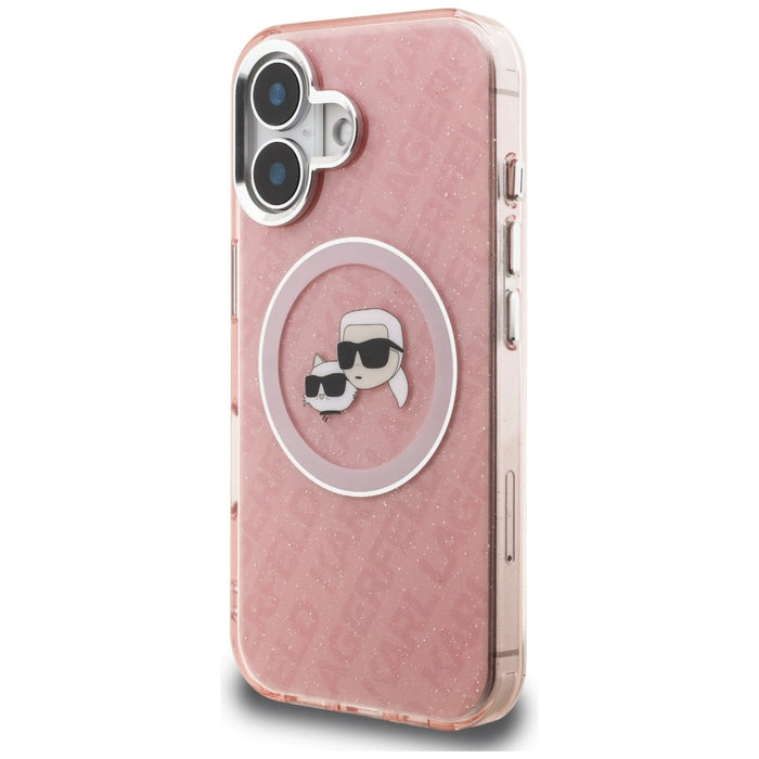 Karl Lagerfeld IML Glitter Karl &amp; Choupette Heads Logo MagSafe iPhone 16 Case - Pink