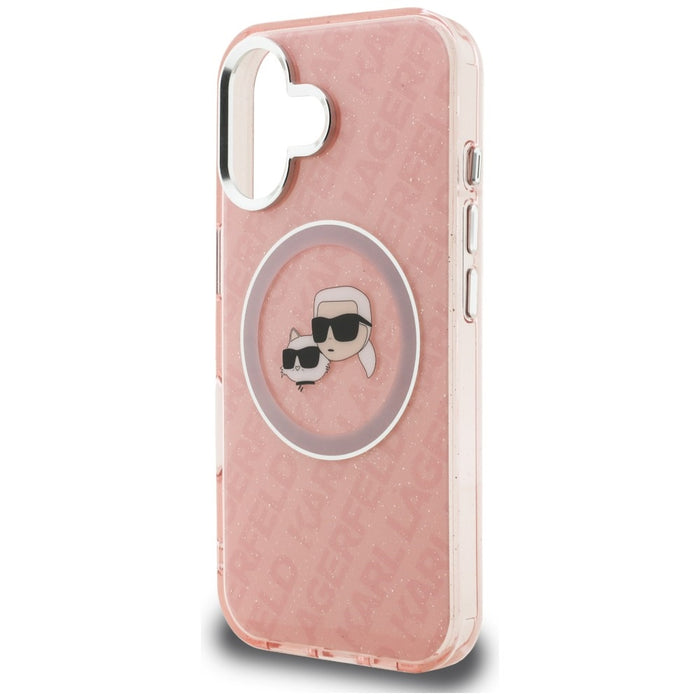 Karl Lagerfeld IML Glitter Karl &amp; Choupette Heads Logo MagSafe iPhone 16 Case - Pink