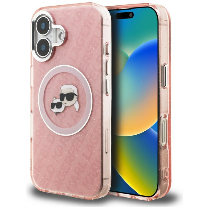 Karl Lagerfeld IML Glitter Karl &amp; Choupette Heads Logo MagSafe iPhone 16 Case - Pink