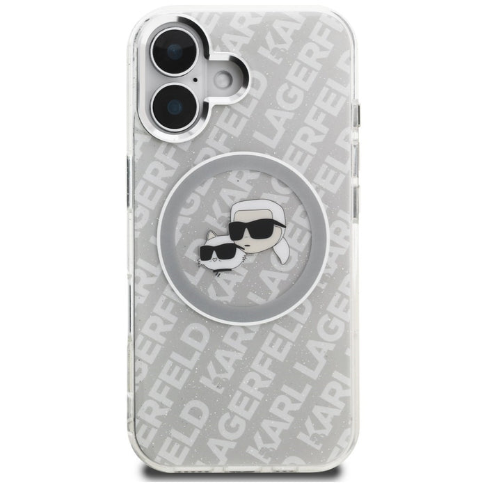 Karl Lagerfeld IML Glitter Karl &amp; Choupette Heads Logo MagSafe iPhone 16 Case - Gray