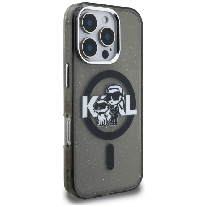 Karl Lagerfeld IML Glitter Karl &amp; Choupette Sketch Logo MagSafe Case for iPhone 16 Pro - Black