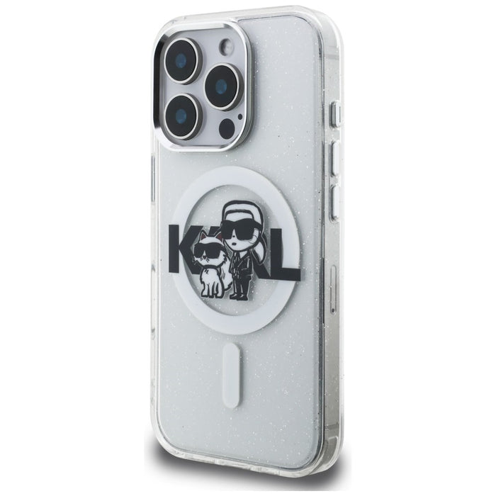 Karl Lagerfeld IML Glitter Karl &amp; Choupette Sketch Logo MagSafe Case for iPhone 16 Pro - Clear