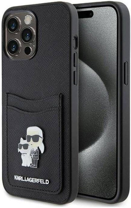 Karl Lagerfeld Saffiano Cardslot Karl&Choupette Metal Pin case for iPhone 15 Pro - black