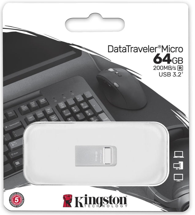 USB memory stick KINGSTON DataTraveler Micro, 64GB, USB-A 3.2 Gen 1, Silver