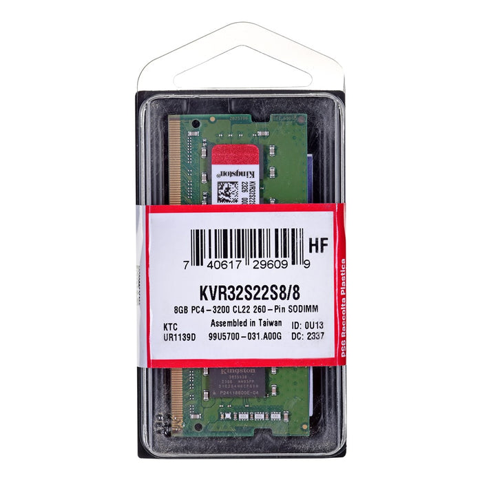 Memory Kingston 8GB, SODIMM, DDR4, PC4-25600, 3200MHz, CL22 KVR32S22S8/8