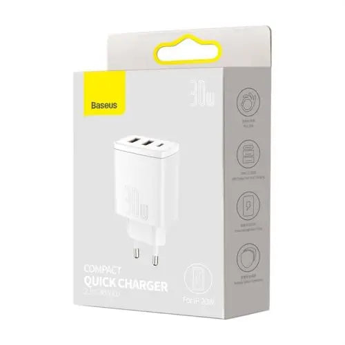 Ładowarka sieciowa Baseus Compact Quick Charger 2xUSB USB-C PD 3A 30W (biała) - Travel