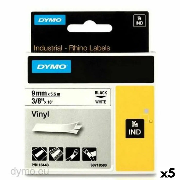 Laminated Tape for Labelling Machines Rhino Dymo ID1-9 White Black 9 x 5,5 mm Stick (5 Units) - Електроника Периферни и