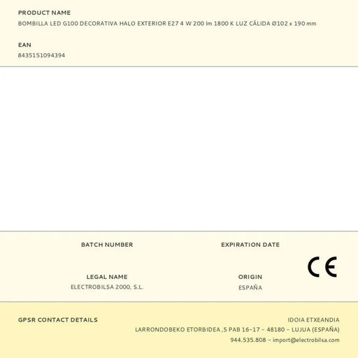 LED lamp Fbright g100 4 W E27 220 lm Golden Decorative (1800 K) - Декорация и Осветление<<<Дом Градина<<<BigBuy&&&LED