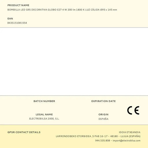 LED lamp Fbright g95 Amber 4 W E27 200 Lm ø 9,5 x 14,5 cm Decorative (1800 K) - Декорация и Осветление<<<Дом