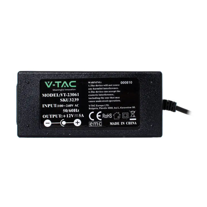 LED TRANSFORMER 60W 5A 12V IP44 V-TAC - LED ленти и аксесоари<<<Вътрешно осветление<<<Мебели и