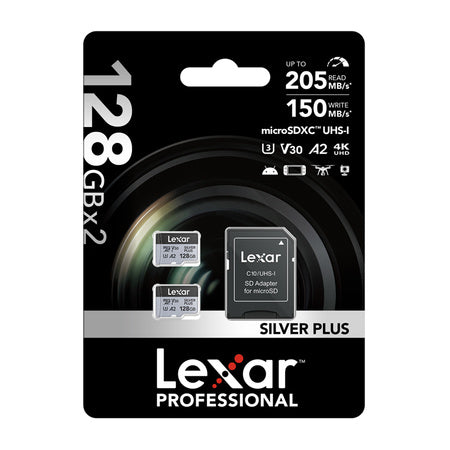 Set of 2 Lexar High-Performance Silver Plus microSDXC 2x128GB memory cards + adapter
