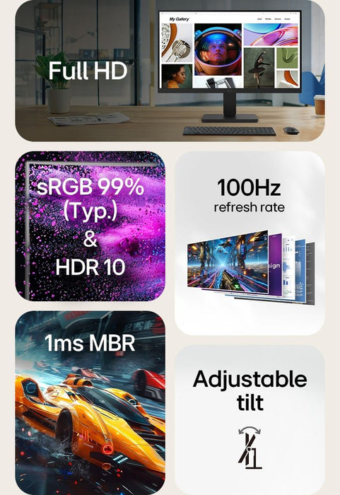 LG 22U401A-B, 21.5" VA, 5ms (GtG at Faster), 100Hz, 3000:1,  Dynamic Action Sync, 250 cd/m2, Full HD 1920x1080, HDR 10 / sRGB 99%, VRR, Flicker Safe, Reader Mode, D-Sub, HDMI, Tilt, Headphone out, Black
