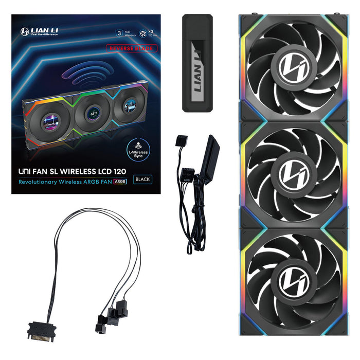 Fans 3 pcs Lian Li UNI FAN SL Wireless LCD Reverse Blade ARGB PWM - 120 mm Black