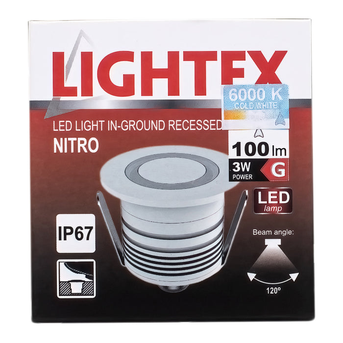 LED FIXTURE FOR BUILDING IN THE GROUND 24V 3W 6000K IP67 Ф46 SILVER LIGHTEX NITRO