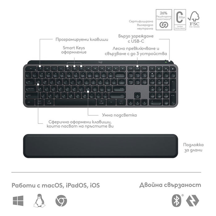 Logitech MX Keys S Combo Keyboard and Mouse Set, Wrist Rest, Black