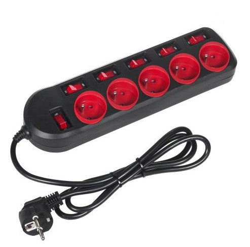 Maclean MCE204 power extension 1.5 m 5 AC outlet(s) Indoor Black, Red