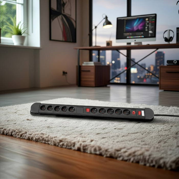 Maclean power strip, 10 outlet extension cord, 2 switches, protection and overload indication, 3680W, MCE10