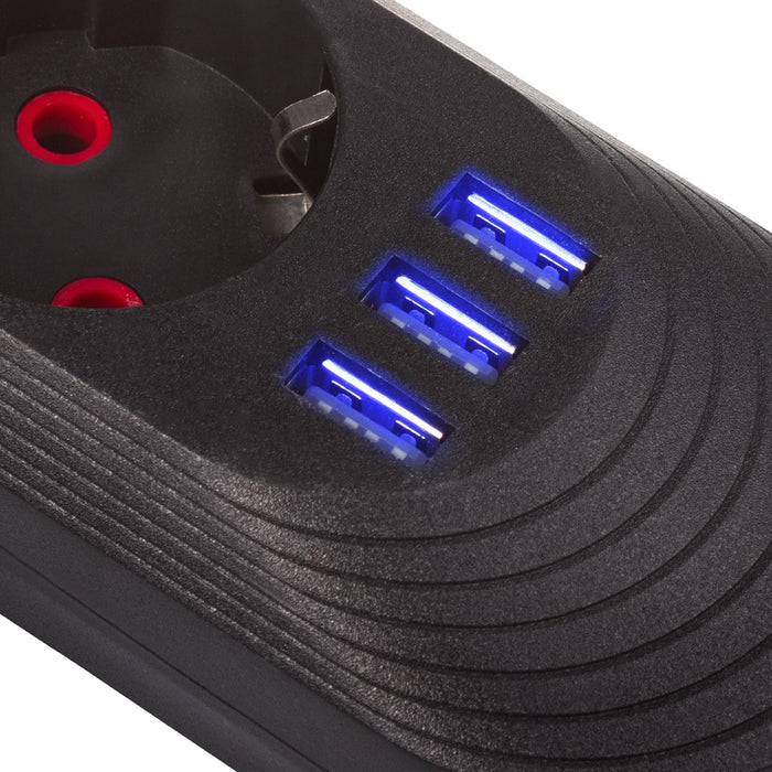 Maclean power strip, 3-socket extension cable + 3xUSB, 110-240V AC 50/60Hz, 2.1A max 2500W, 1.5m, black, MCE394 B