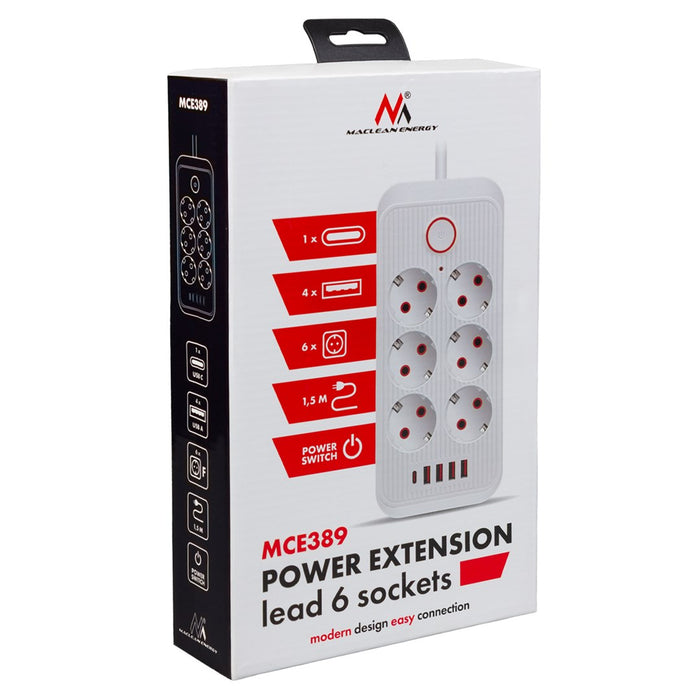 Maclean power strip, 6 socket extension + 4xUSB, 110-240V AC 50/60Hz, 2.1A max 2500W, 1.5 m, white, MCE389 W