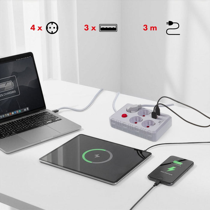Maclean power strip, 4-socket extension cable + 3xUSB, 110-240V AC 50/60Hz, 2.1A max 2500W, 3m, white, MCE393 W