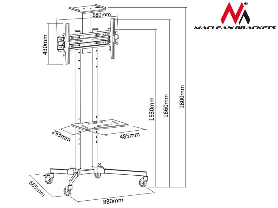 Maclean MC-661 Trolley TV Stand with Mounting Bracket and 2 Shelfs