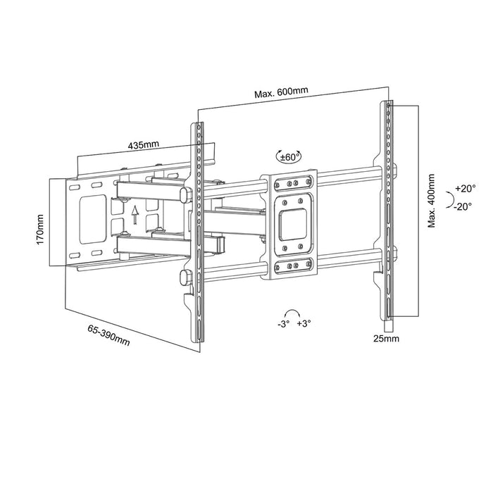 Maclean TV Mount, max VESA 600x400, 32-85", 60kg, horizontal and vertical angle adjustment, profile 65-390mm, black, MC-789