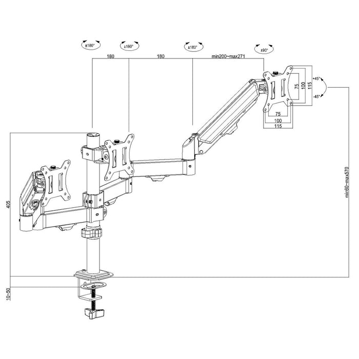 Maclean 3 monitor mount, gas spring, 17"-27", 2-8kg, black, MC-137