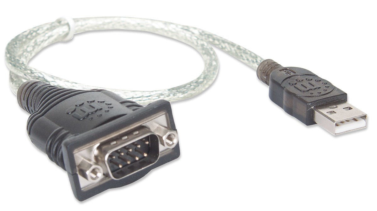 Manhattan USB-A to Serial Converter cable, 45cm, Male to Male, Serial/RS232/COM/DB9, Prolific PL-2303RA Chip, Black/Silver cable, Three Year Warranty, Equivalent to ICUSB232V2