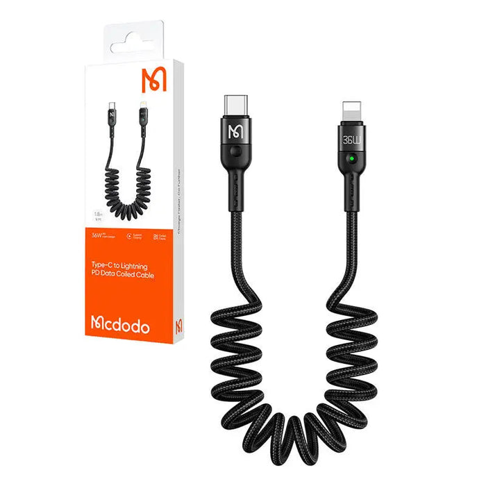Mcdodo CA-1960 USB-C to Lightning spring cable 36W 1.8m (black) - USB-C to Lightning<<<USB cables<<<GSM