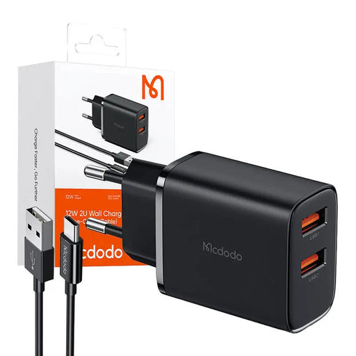 Mcdodo CH-5072 USB-A*2 12W power charger + USB-A to USB-C cable (black) - mains chargers<<<Chargers<<<GSM