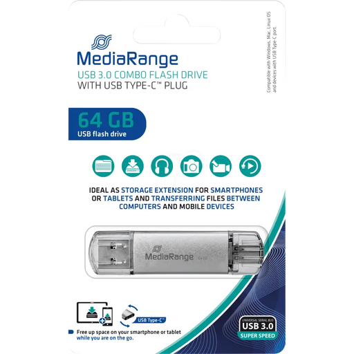 MediaRange USB 3.0 combo flash drive with USB Type-C™ plug 64GB - USB флаш памети<<<Памети<<<MediaTrade