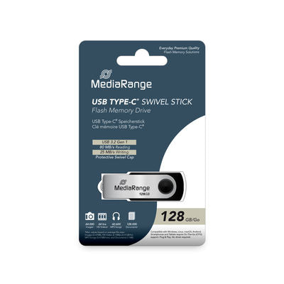 MediaRange USB Type-C® 3.2 Gen 1 Flash Drive, Rotating Housing, Silver/Black, 128 GB