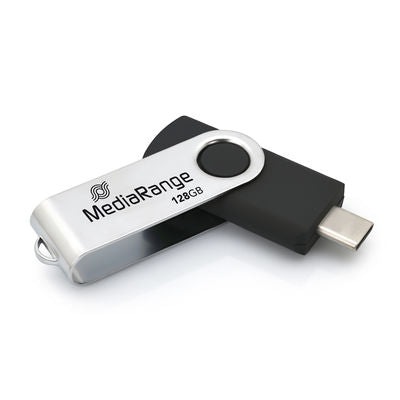 MediaRange USB Type-C® 3.2 Gen 1 Flash Drive, Rotating Housing, Silver/Black, 128 GB