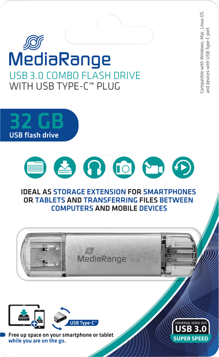 MediaRange USB 3.0 combo flash drive, with USB Type-C™ plug, 32GB