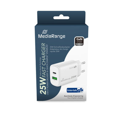 MediaRange Fast charging adapter 25W GaN 1x USB-C and 1x USB-A, White