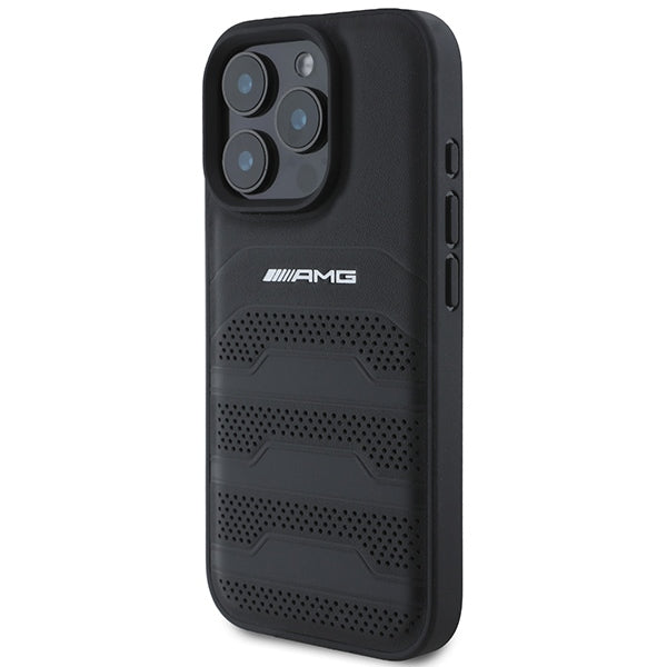 AMG Leather Debossed Lines Black Logo iPhone 16 Pro Max Case - Black