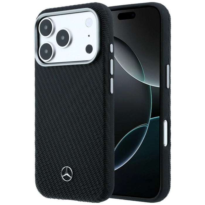 Mercedes Leather Semi Wrap Wood Effect MagSafe Case for iPhone 17 Pro - Black