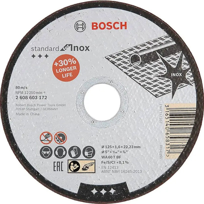 METAL CUTTING DISC INOX STANDART BOSCH 125x1.6x22.23 - Дискове за ъглошлайфи<<<Консумативи за