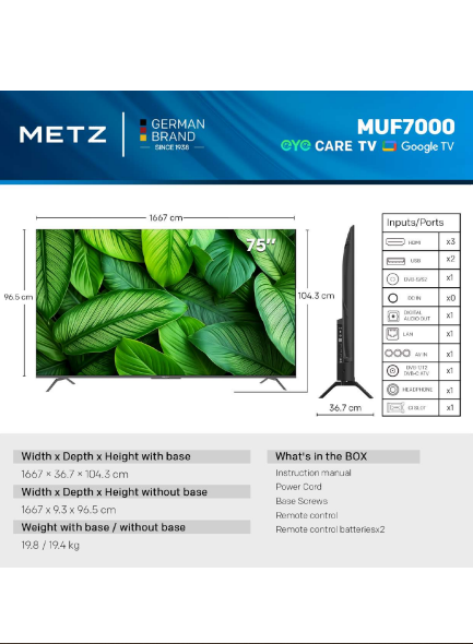 METZ TV 75" UHD LED SMART TV, 4K, Google TV, Frameless