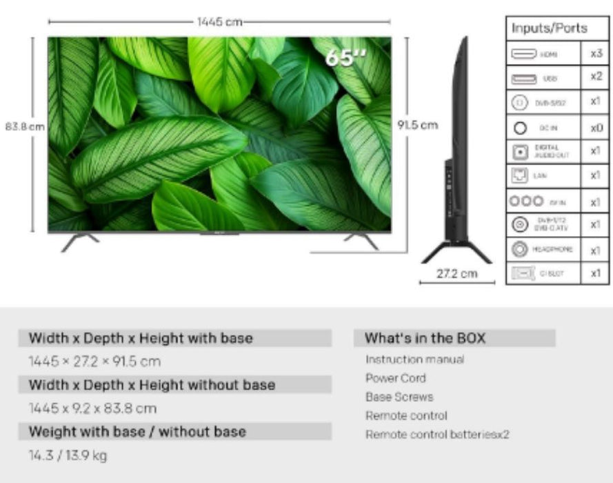 METZ TV 65" UHD LED SMART TV, 4K, Google TV, Frameless