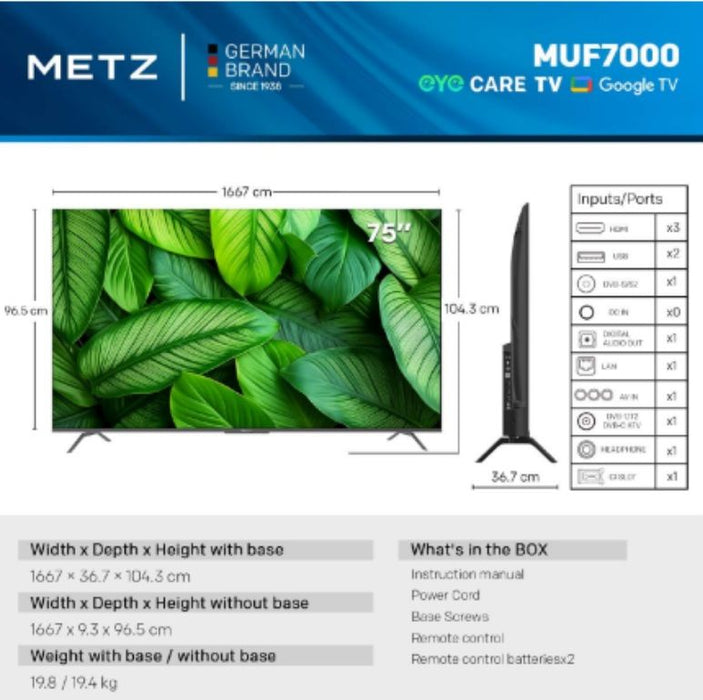METZ TV 75" UHD LED SMART TV, 4K, Google TV, Frameless