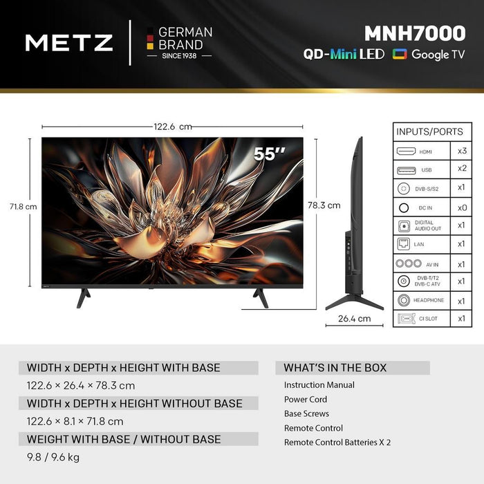 TV METZ 55" 55MNH7000Z UHD 4K QD-Mini LED, Matte Screen Ultra, Google TV, Class E