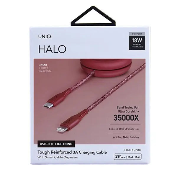 MFi Uniq Halo USB-C / Lightning 18W nylon coiled cable 1.2m - red - Cell phone cables<<<HurtelXML
