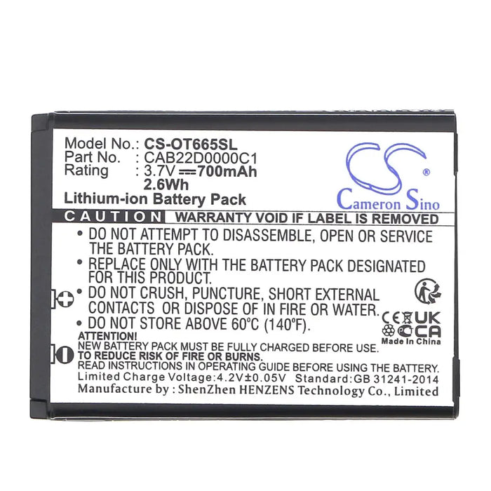 Mobile phone battery ALCATEL 2010D One Touch 356 One Touch 665 CAB22B0000C1 LiIon 3.7V 700mAh CAMERON SINO - Батерии за