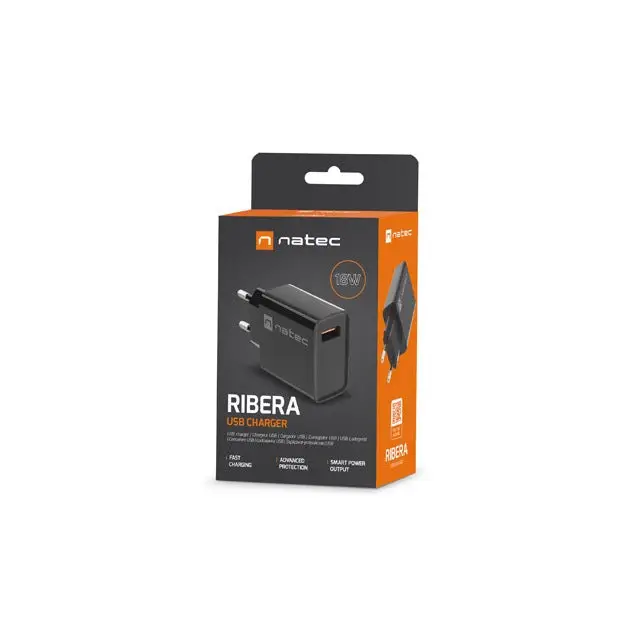 Natec USB Charger Ribera 1X USB-A 18W Black - Аксесоари<<<NATEC компютърна периферия<<<NATEC<<<PolyComp&&&USB зарядни и
