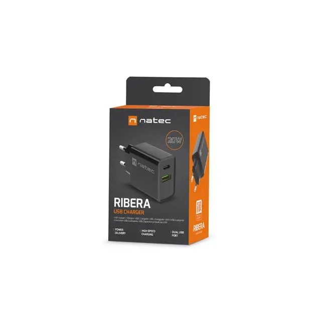 Natec USB Charger Ribera 1X USB-A + 1X USB-C 20W Black - Аксесоари<<<NATEC компютърна