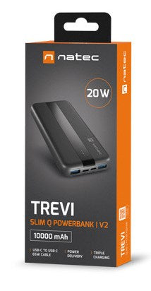 Natec Powerbank Trevi Slim Q V2 10000MAh 2X USB-A 18W + 1X USB-C 20W + USB-C - USB0-C CABLE