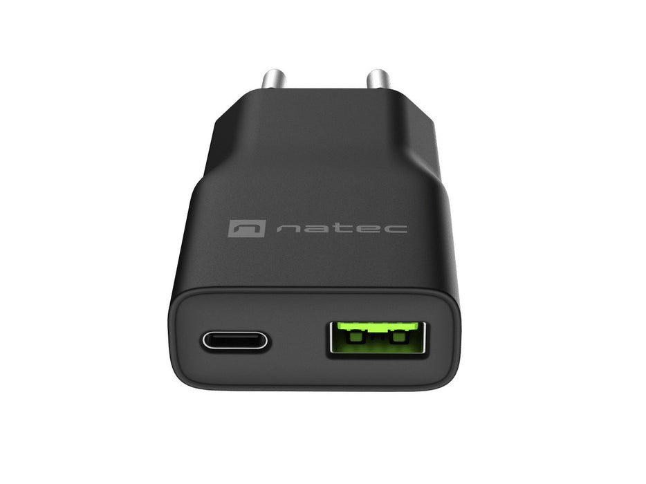 NATEC RIBERA GAN SLIM MAINS CHARGER 1× USB-A + 1× USB-C 20W BLACK